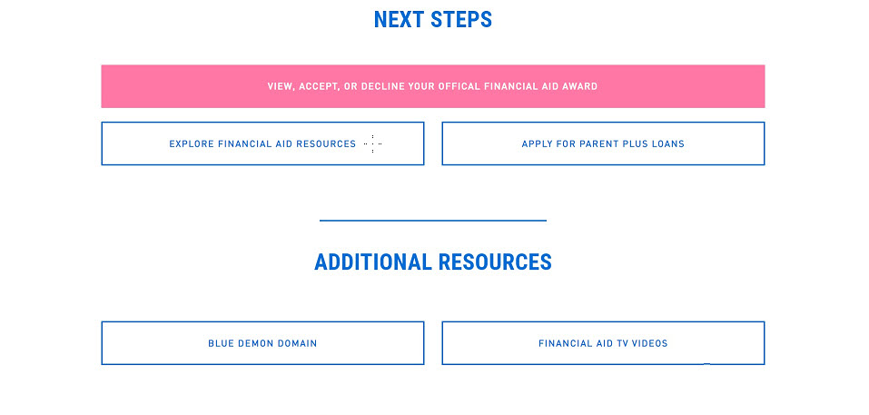 Screenshot view of DePaul's Financial Aid portal