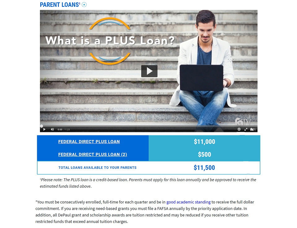 Screenshot view of DePaul's Financial Aid portal