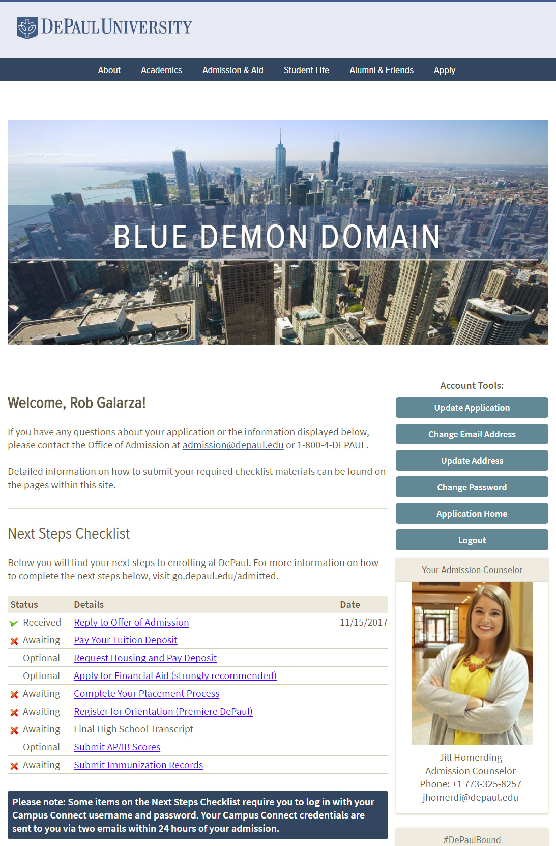 Image of Blue Demon Domain portal for admitted students
