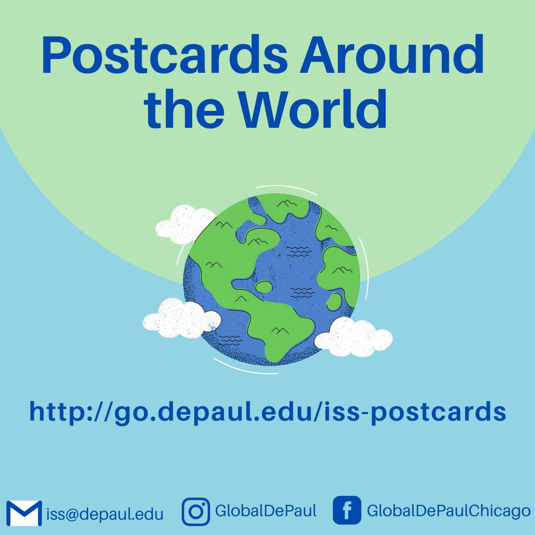 A flyer for Postcards Around the World. 