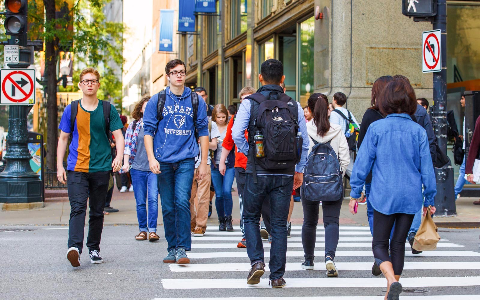 Students walking in the DePaul loop campus.