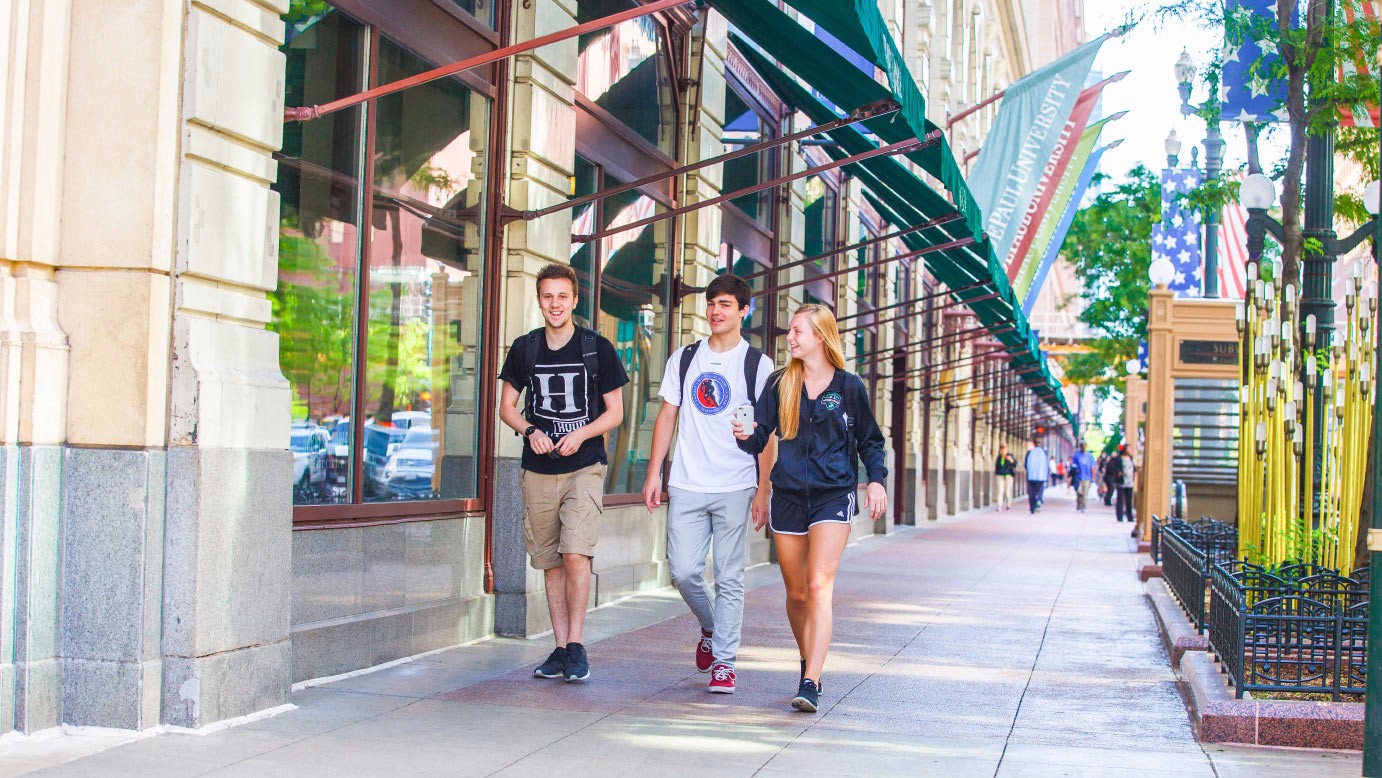 Students walking in the DePaul loop campus.
