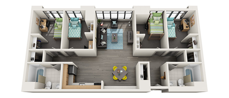 Floorplan: Four-Bedroom Apartment for four residents