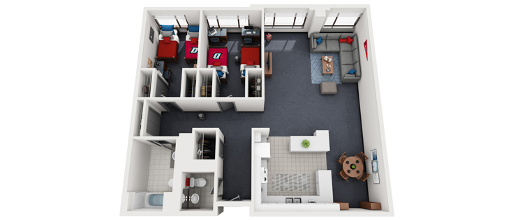 Floorplan: Standard Apartment (Example 2) - Two bedrooms, four residents