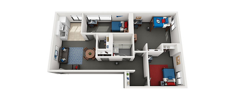 Floorplan: Efficiency Apartment - Three bedrooms, three residents