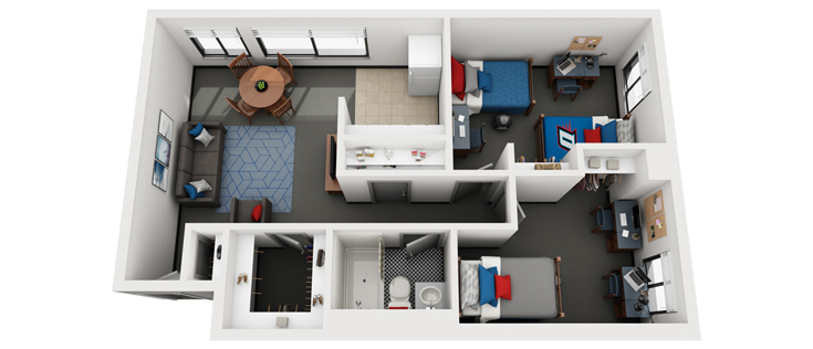 Floorplan: Standard Apartment (Type 3) - Two bedrooms, four residents