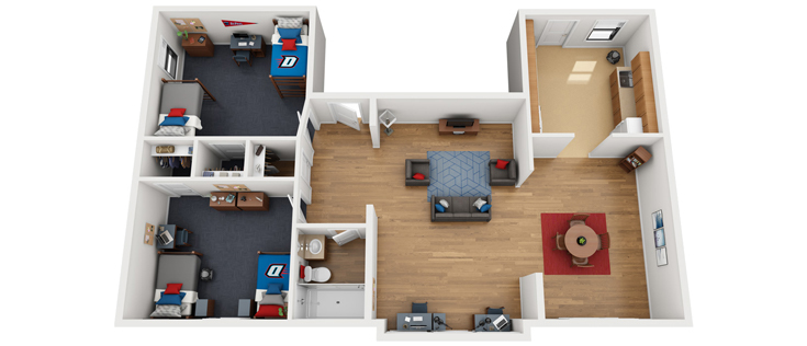 Floorplan: Standard Apartment (Example 3) - Two bedrooms, four residents
