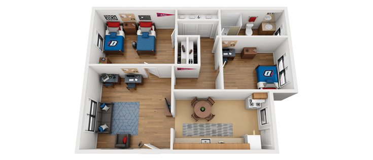 Floorplan: Standard Apartment (Example 2) - Two bedrooms, three residents