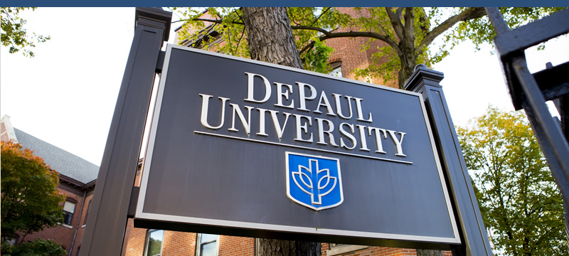 DePaul University sign on the Lincoln Park Campus