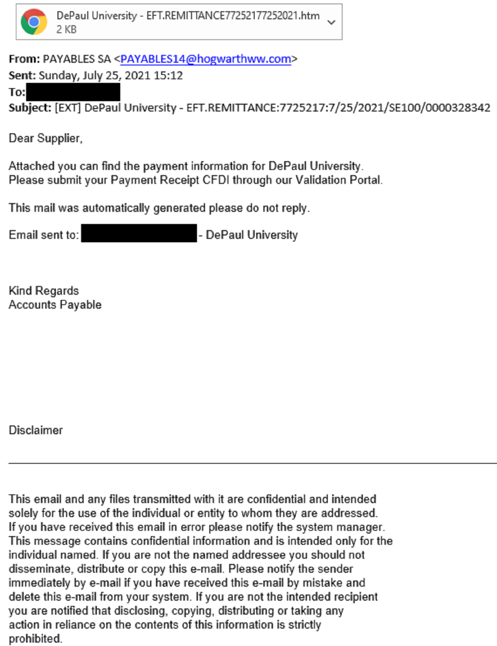 An image of a malicious email. The email attempts to convince the recipient to click on a malicious attachment under the guise of it being payment information.