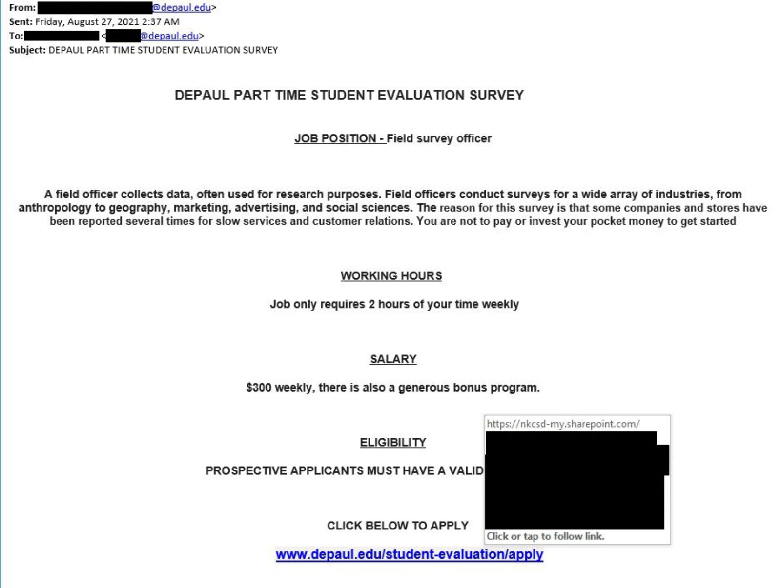 A screenshot of a malicious email purporting to offer job posting, which is fake. The email contains a malicious link.