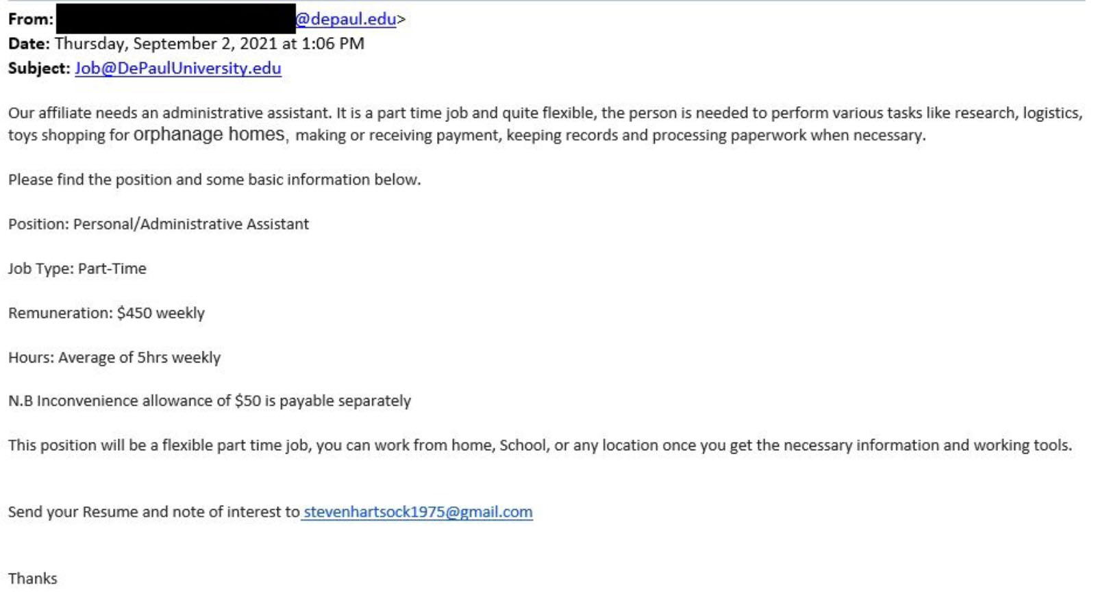 A screenshot of a malicious email. The malicious email attempts to trick recipients into applying for a fake personal assistant job.