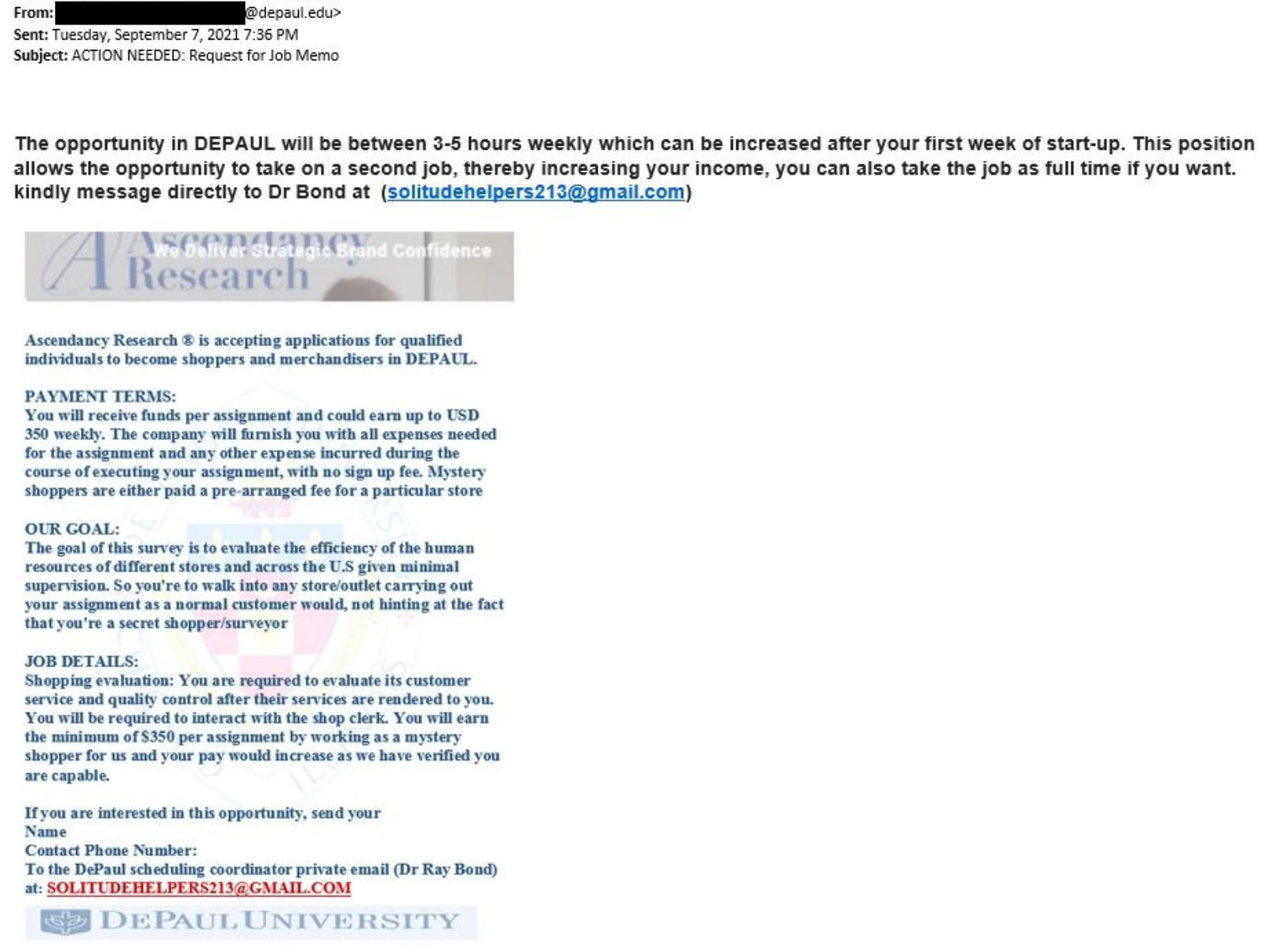 A screenshot of a malicious email. The malicious email attempts to trick victims into applying for a fake secret shopper job.