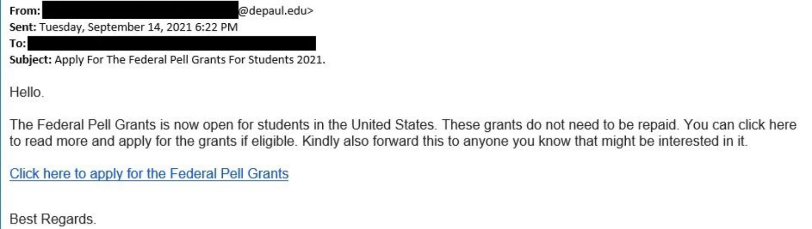 A screenshot of a malicious email. The email attempts to trick victims into apply for a Pell grant at a fake website.