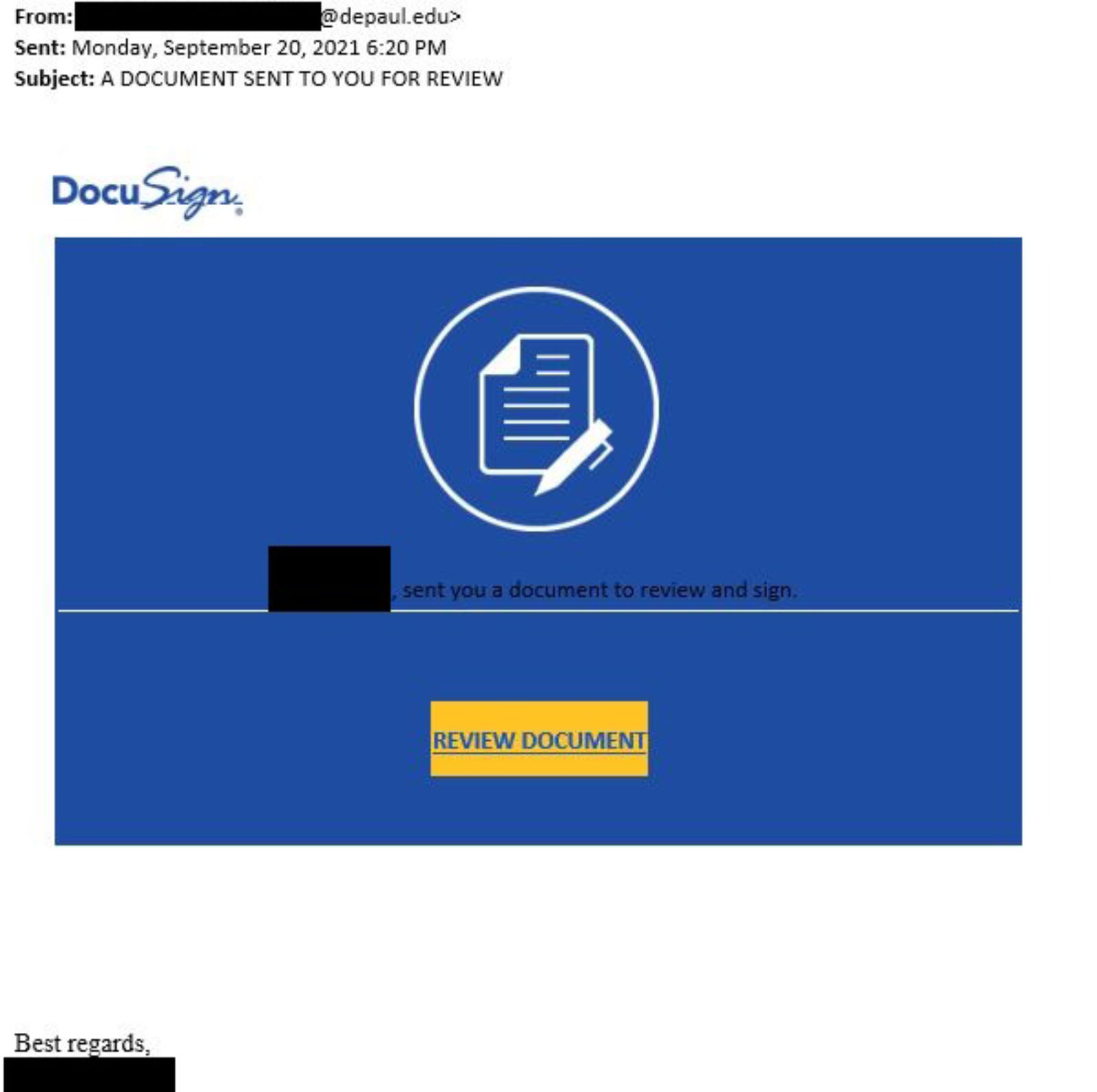 A screenshot of a malicious email. The email attempts to trick victims into believing that they need to click a maliciuos link to review a fake document.