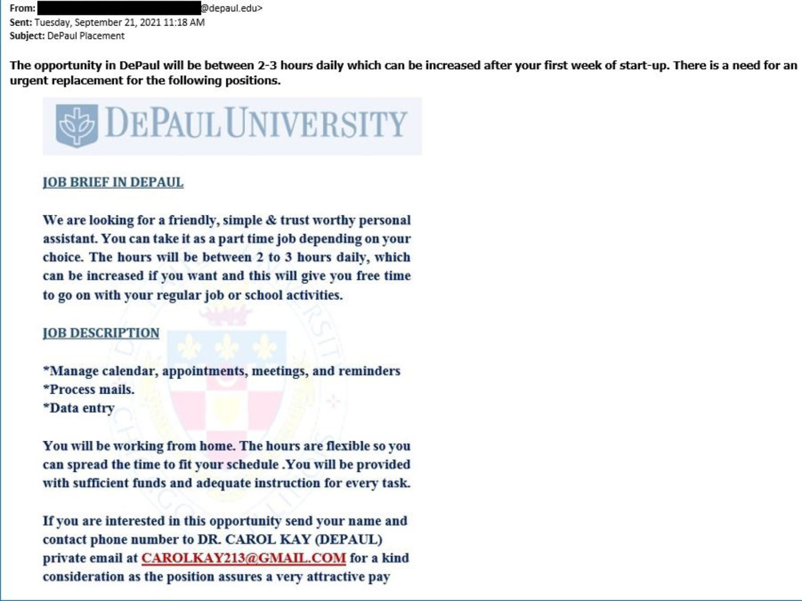 Screnshot of a malicious email. The email attempts to trick victims into applying for a fake job.