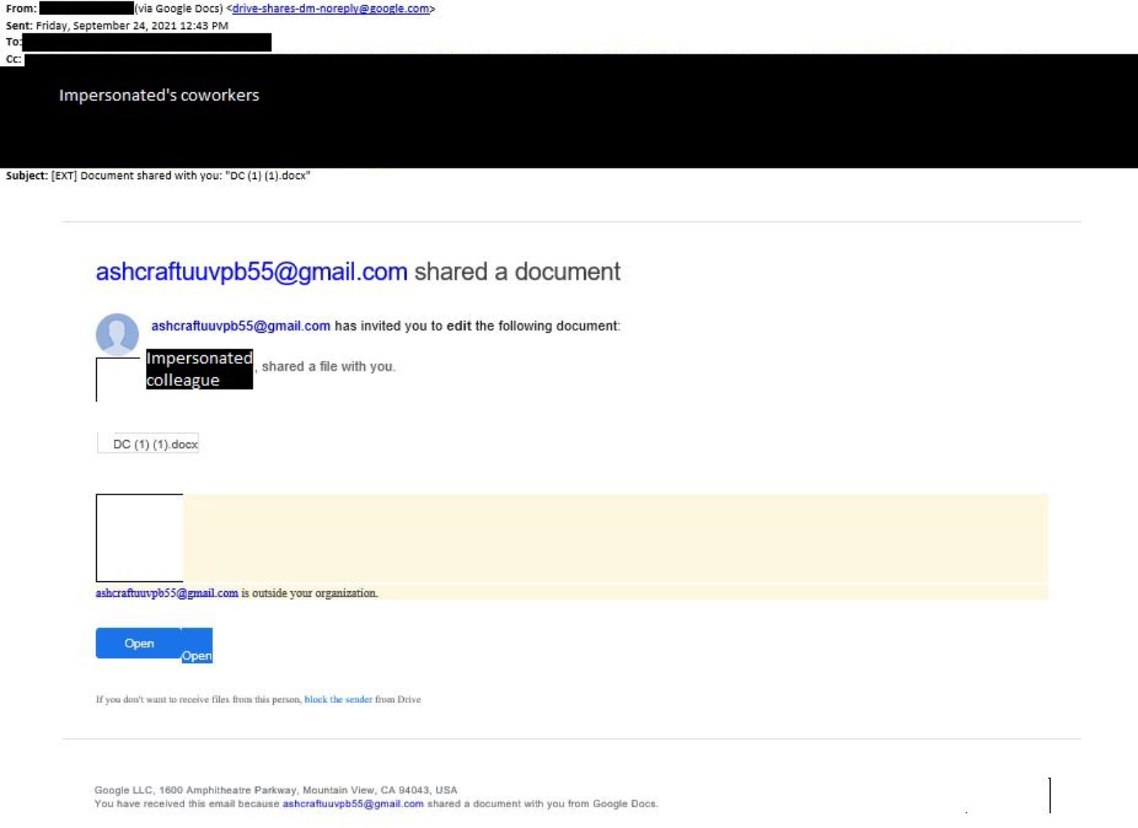 A screenshot of a malicious email. The email attempts to trick recipients into reviewing a malicious document by clicking on a link to log into a Google Document.