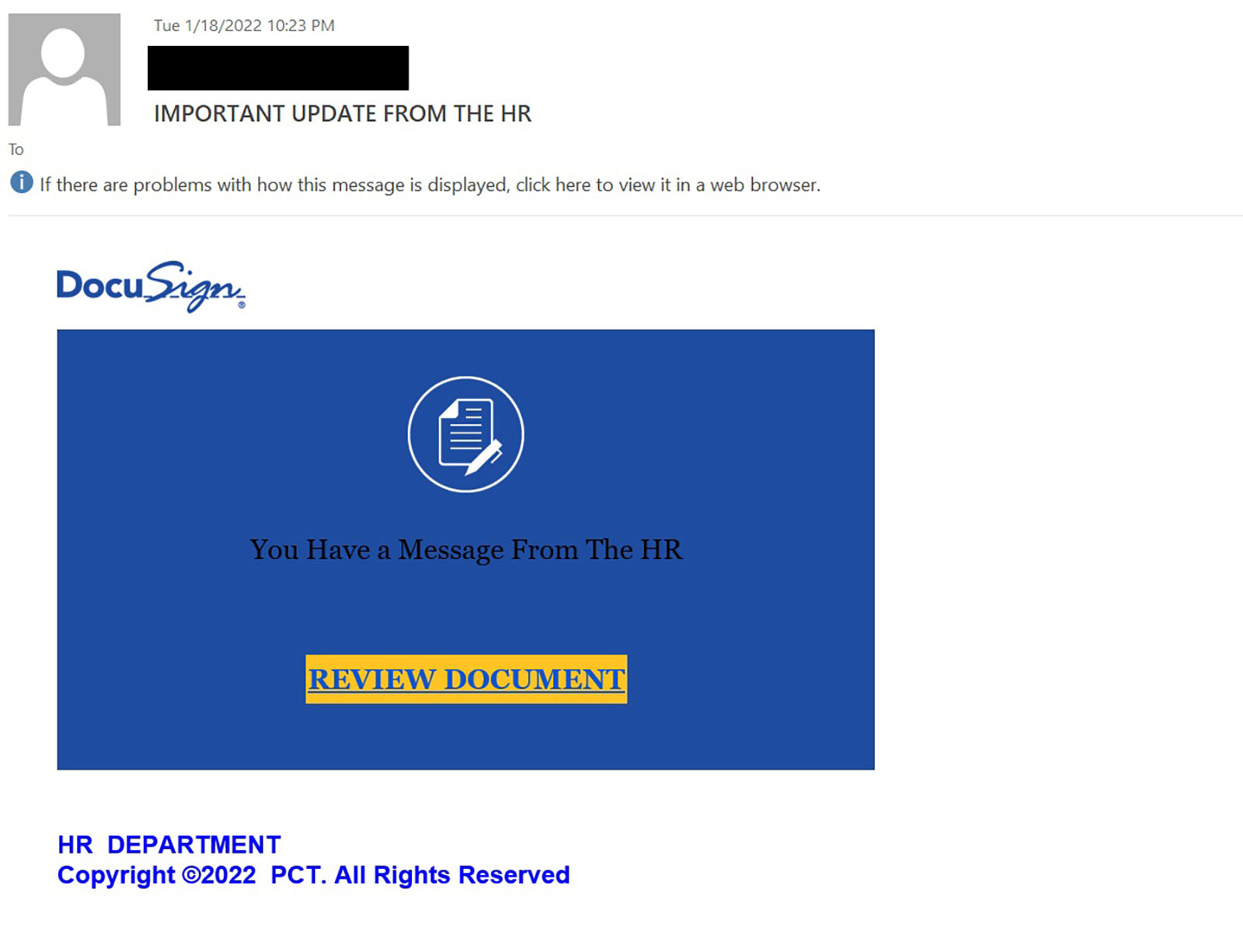 Example of phishing email asking recipient to open docusign
