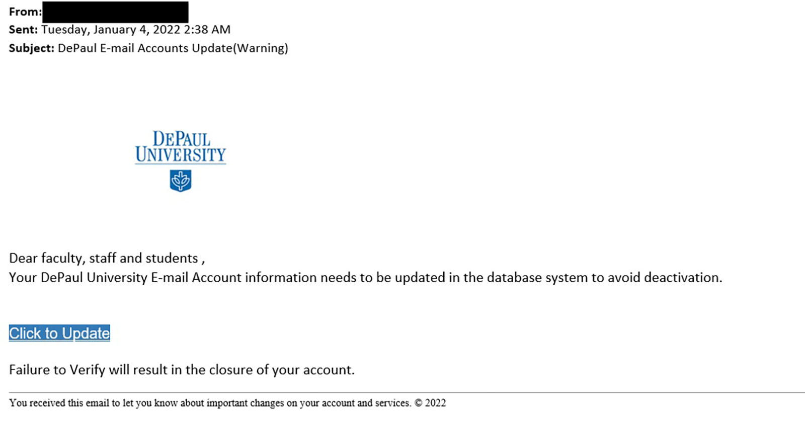 Example of a phishing email asking to update your account.