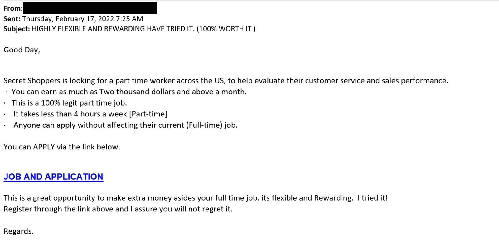 Example of phishing email offering a job as a secret shopper.