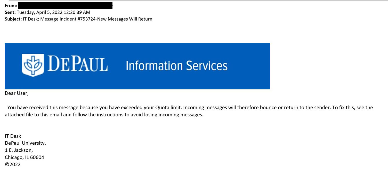 Example of malicious email regarding quota limit