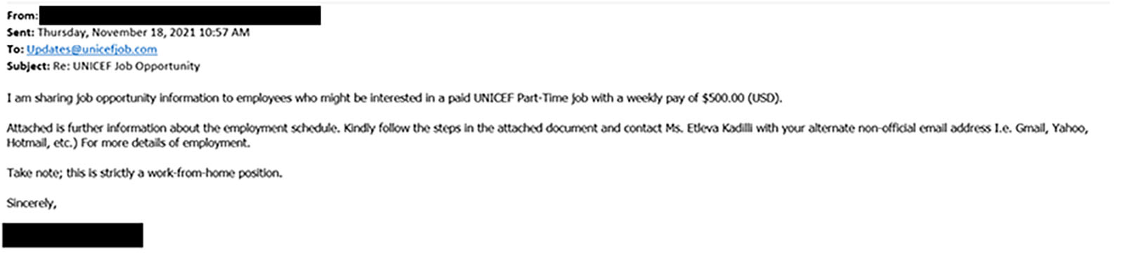 Example of phishing email offering a part-time job with UNICEF