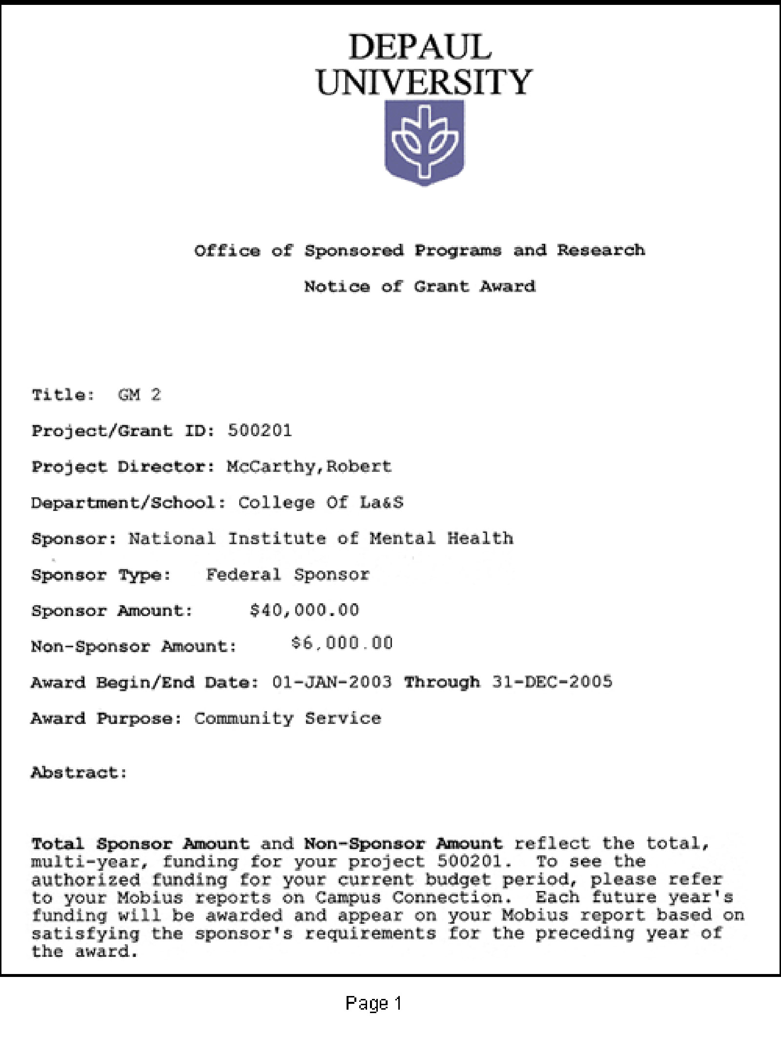 ORS Notice of Grant Award Setup Award Management DePaul