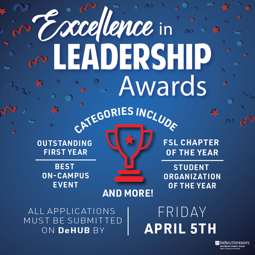 Poster for Excellence in Leadership Awards, April 5th